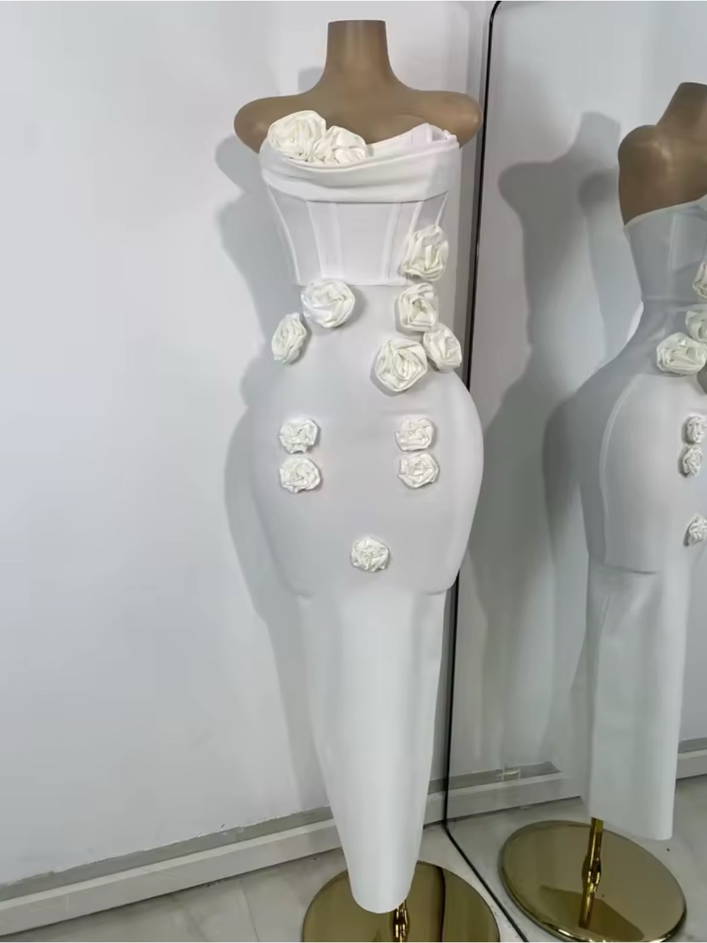 White Strapless Floral Appliqué Midi Dress
